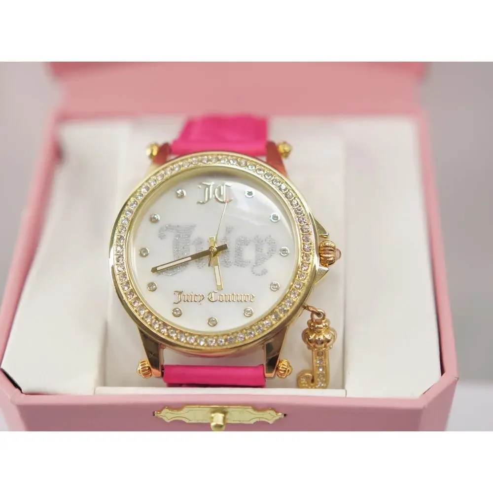 Juicy Couture Women Gold Tone Crystal Watch Hot Pink Heart Strap Hanging J Charm